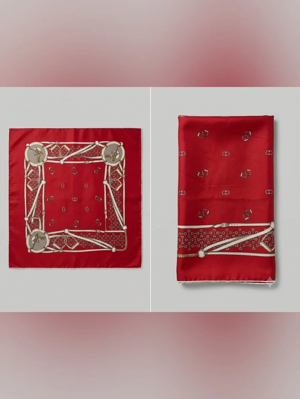 Gucci Burgundy Silk Scarf with Grey And White Accent Motif-LIKE NEW!